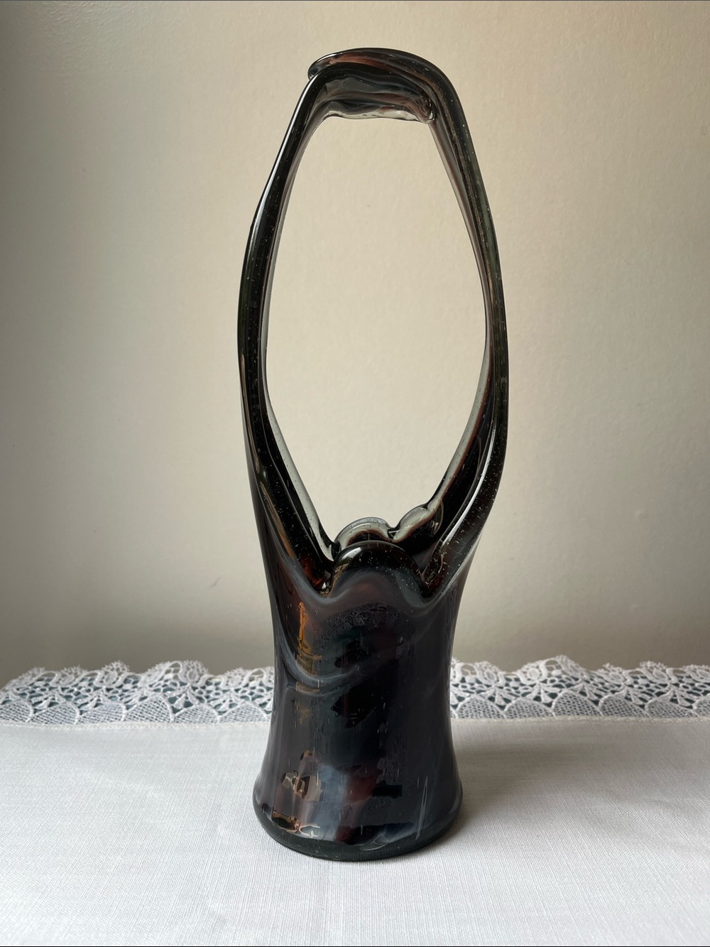 Vintage 1960s Art Glass Basket - Deep Warm Brown Hand-Blown Loop Vase